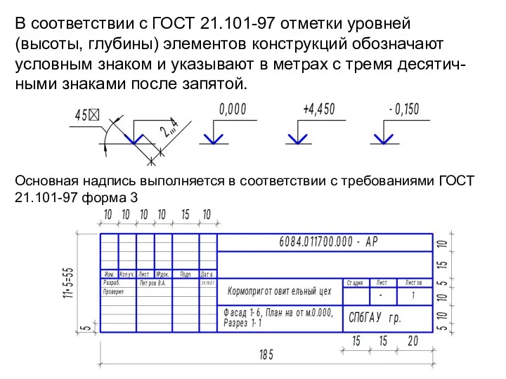 В соответствии с ГОСТ 21.101-97 отметки уровней (высоты, глубины) элементов конструкций обозначают