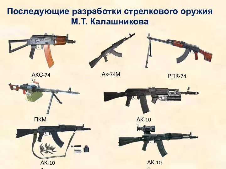 Последующие разработки стрелкового оружия М.Т. Калашникова Ак-74М РПК-74 АКС-74У ПКМ АК-101 АК-102 АК-105