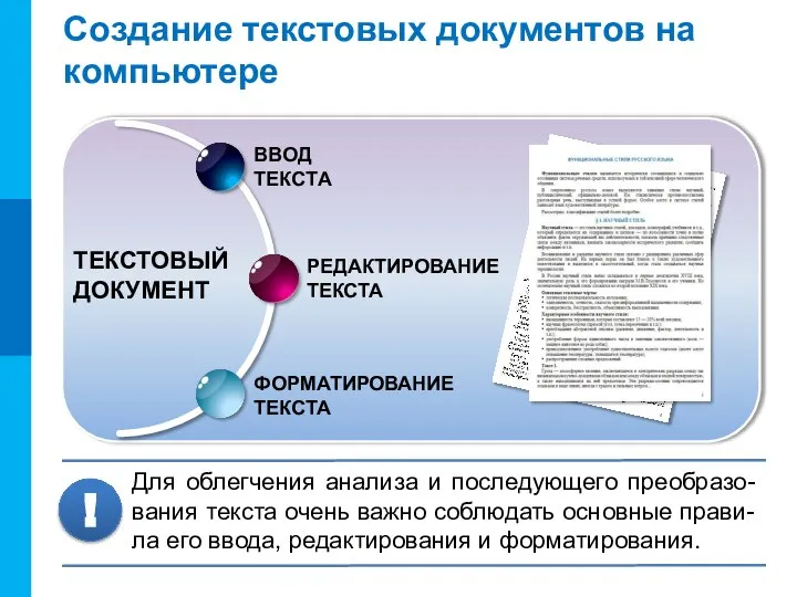 Создание текстовых документов на компьютере ТЕКСТОВЫЙ ДОКУМЕНТ Для облегчения анализа и последующего