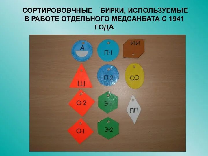 СОРТИРОВОВЧНЫЕ БИРКИ, ИСПОЛЬЗУЕМЫЕ В РАБОТЕ ОТДЕЛЬНОГО МЕДСАНБАТА С 1941 ГОДА