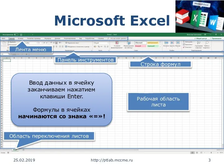 Microsoft Excel 25.02.2019 http://ptlab.mccme.ru Лента меню Строка формул Панель инструментов Рабочая область