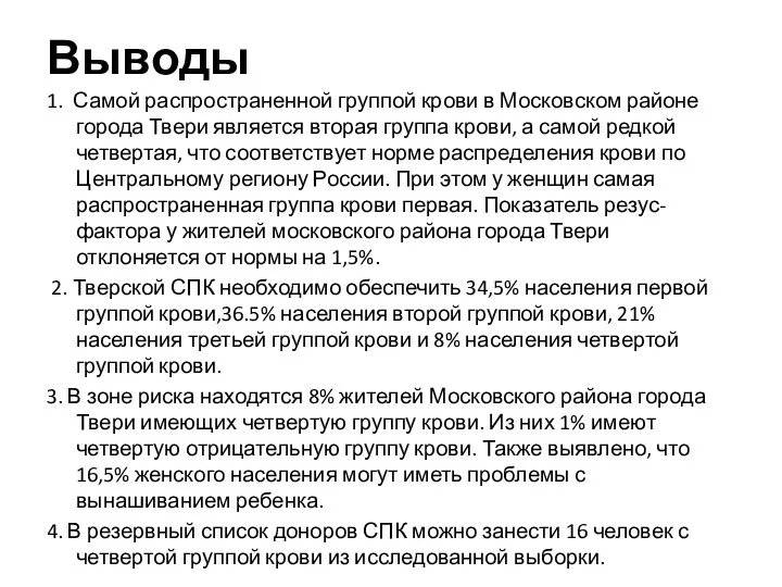 Выводы 1. Самой распространенной группой крови в Московском районе города Твери является