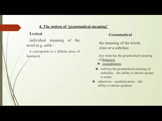 4. The notion of ‘grammatical meaning’ Lexical individual meaning of the word