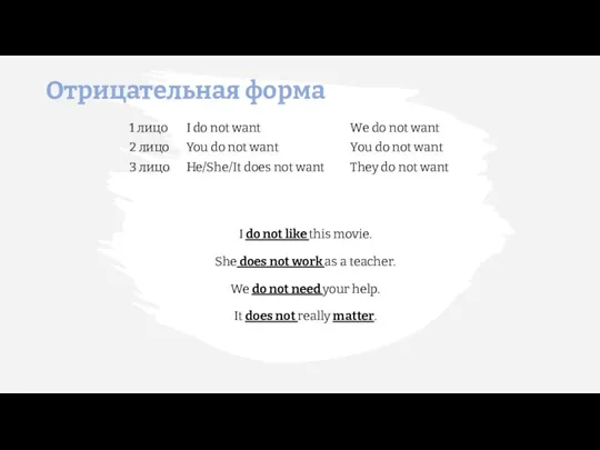 Отрицательная форма I do not like this movie. She does not work