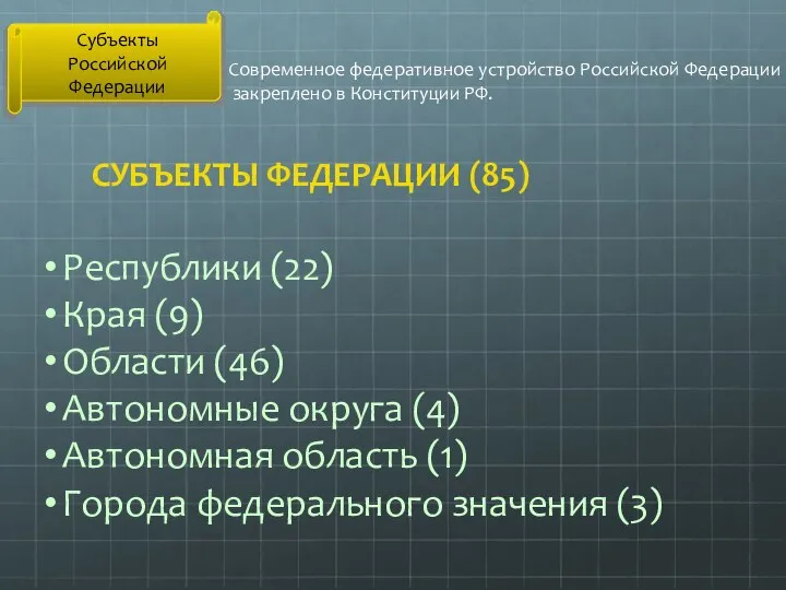 Субъекты Российской Федерации Современное федеративное устройство Российской Федерации закреплено в Конституции РФ.