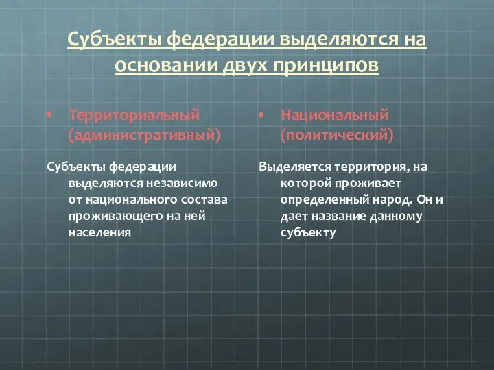 Субъекты федерации выделяются на основании двух принципов Территориальный (административный) Субъекты федерации выделяются