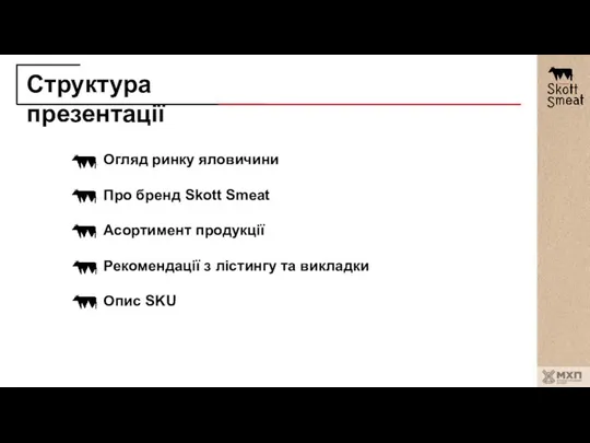 Структура презентації Огляд ринку яловичини Про бренд Skott Smeat Асортимент продукції Рекомендації