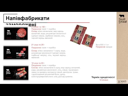 Напівфабрикати заморожені 21 штук по 25 г Пакування: пакет + коробка Склад: