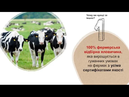 100% фермерська відбірна яловичина, яка вирощується в гуманних умовах на фермах з