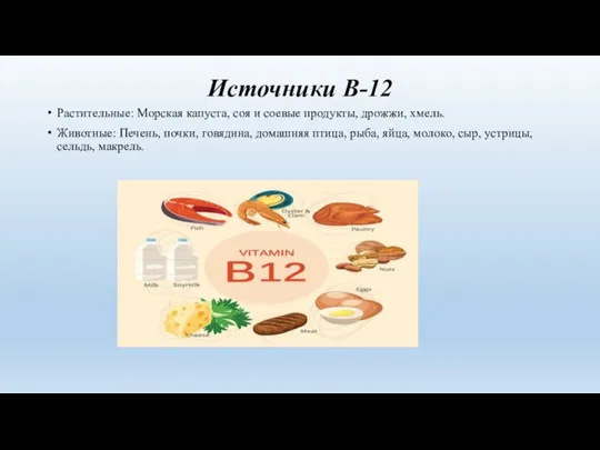 Источники B-12 Растительные: Морская капуста, соя и соевые продукты, дрожжи, хмель. Животные: