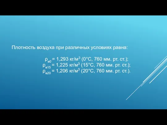 Плотность воздуха при различных условиях равна: ρв0 = 1,293 кг/м3 (0°С, 760