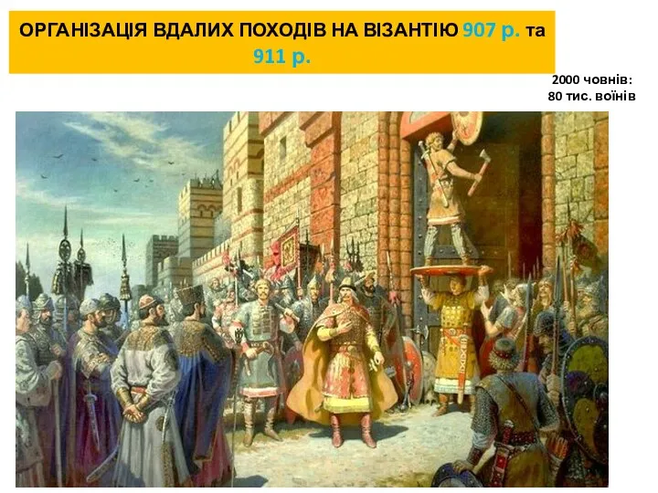 2000 човнів: 80 тис. воїнів ОРГАНІЗАЦІЯ ВДАЛИХ ПОХОДІВ НА ВІЗАНТІЮ 907 р. та 911 р.