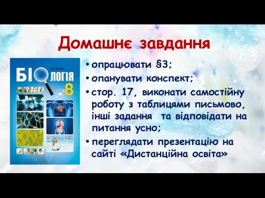 Домашнє завдання опрацювати §3; опанувати конспект; стор. 17, виконати самостійну роботу з