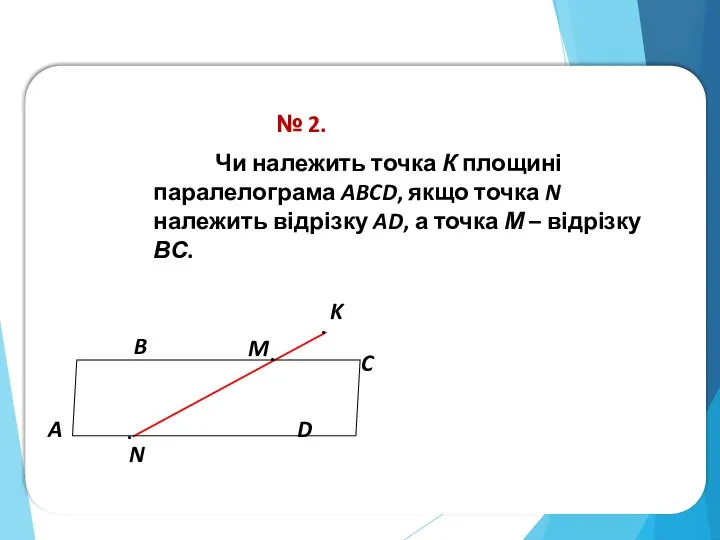 № 2. Чи належить точка К площині паралелограма ABCD, якщо точка N