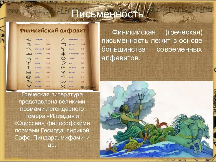 Письменность Финикийская (греческая) письменность лежит в основе большинства современных алфавитов. Греческая литература