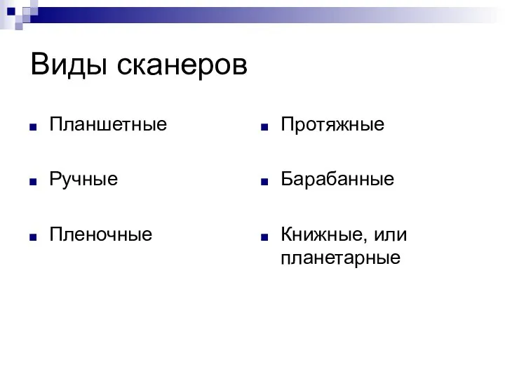 Виды сканеров Планшетные Ручные Пленочные Протяжные Барабанные Книжные, или планетарные