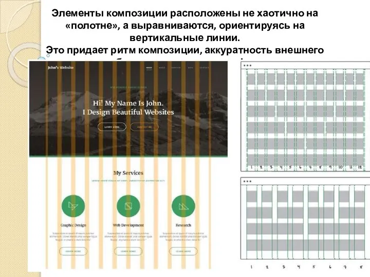 Элементы композиции расположены не хаотично на «полотне», а выравниваются, ориентируясь на вертикальные