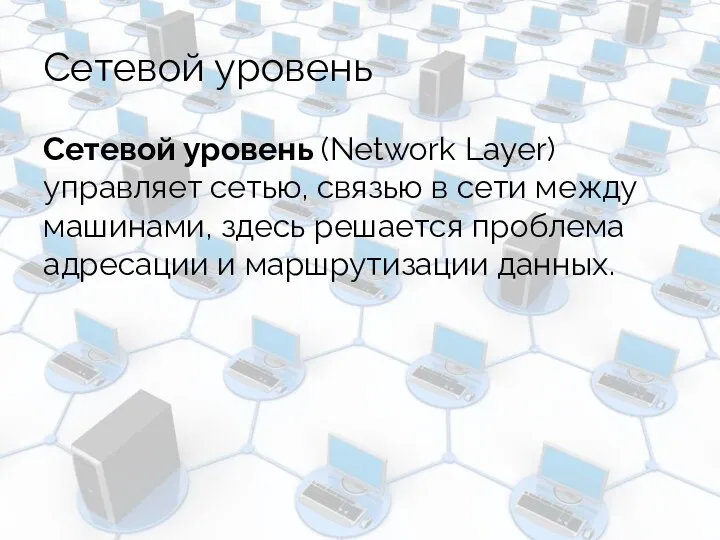 Сетевой уровень Сетевой уровень (Network Layer) управляет сетью, связью в сети между