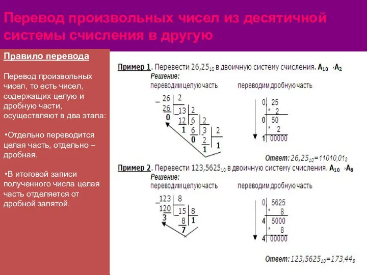 Перевод произвольных чисел из десятичной системы счисления в другую Правило перевода Перевод