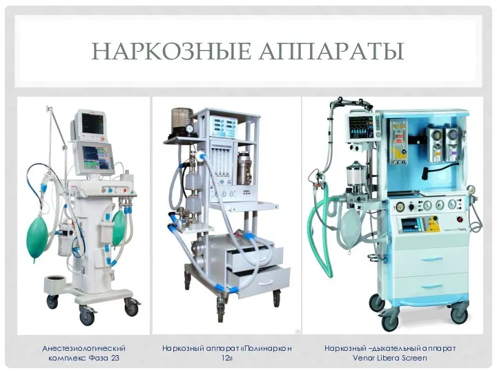 НАРКОЗНЫЕ АППАРАТЫ Анестезиологический комплекс Фаза 23 Наркозный аппарат «Полинаркон 12» Наркозный –дыхательный аппарат Venar Libera Screen