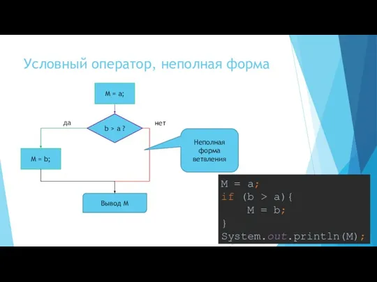 Условный оператор, неполная форма M = a; Неполная форма ветвления M =