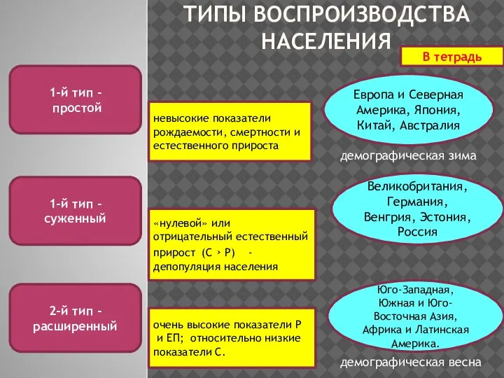 ТИПЫ ВОСПРОИЗВОДСТВА НАСЕЛЕНИЯ 1-й тип - простой 1-й тип - суженный 2-й