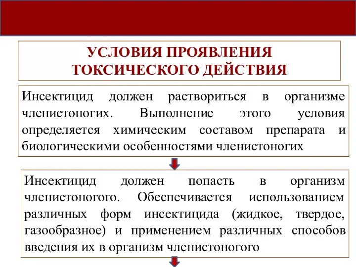 Инсектицид должен раствориться в организме членистоногих. Выполнение этого условия определяется химическим составом