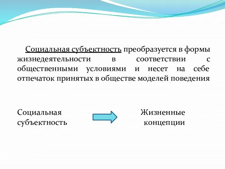 Социальная субъектность преобразуется в формы жизнедеятельности в соответствии с общественными условиями и