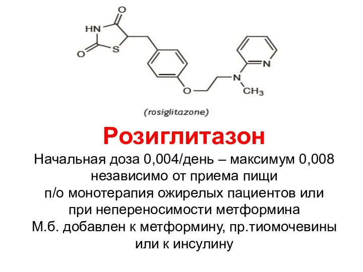 Розиглитазон Начальная доза 0,004/день – максимум 0,008 независимо от приема пищи п/о