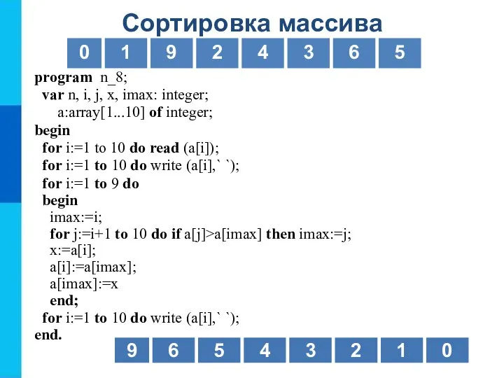Сортировка массива for i:=1 to 9 do begin imax:=i; for j:=i+1 to