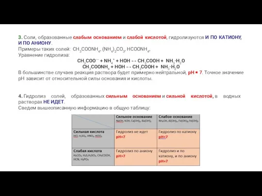 3. Соли, образованные слабым основанием и слабой кислотой, гидролизуются И ПО КАТИОНУ,