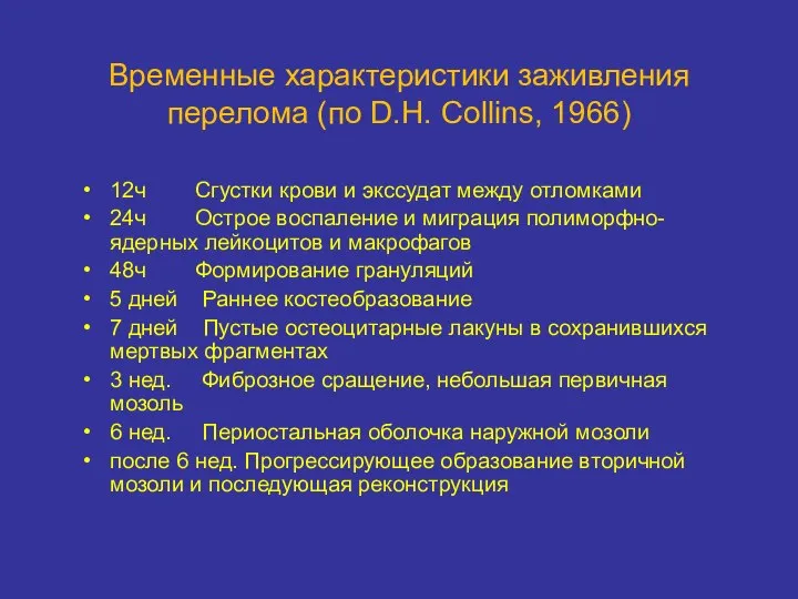 Временные характеристики заживления перелома (по D.H. Collins, 1966) 12ч Сгустки крови и