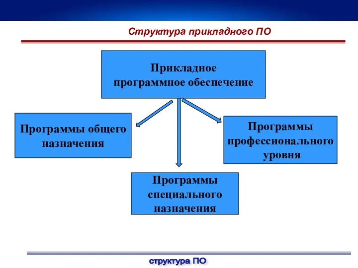 Прикладное программное обеспечение Программы профессионального уровня Программы специального назначения Программы общего назначения