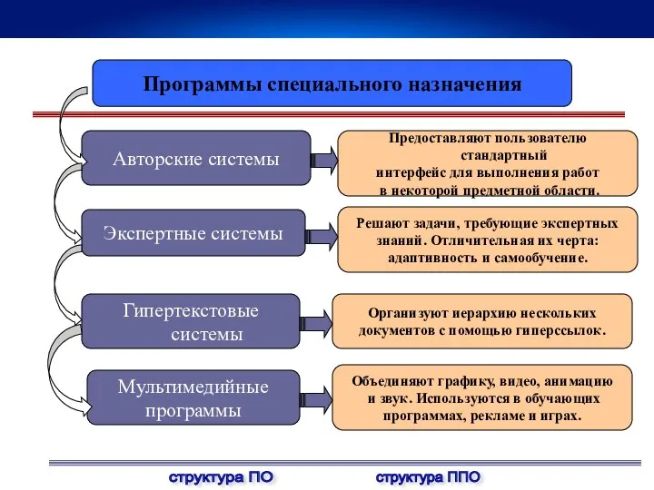 Программы специального назначения Авторские системы Мультимедийные программы Экспертные системы Предоставляют пользователю стандартный