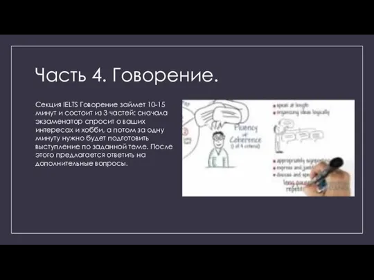 Часть 4. Говорение. Секция IELTS Говорение займет 10-15 минут и состоит из