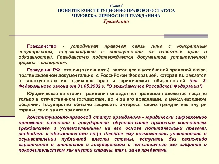 Слайд 4 ПОНЯТИЕ КОНСТИТУЦИОННО-ПРАВОВОГО СТАТУСА ЧЕЛОВЕКА, ЛИЧНОСТИ И ГРАЖДАНИНА Гражданин Гражданство -