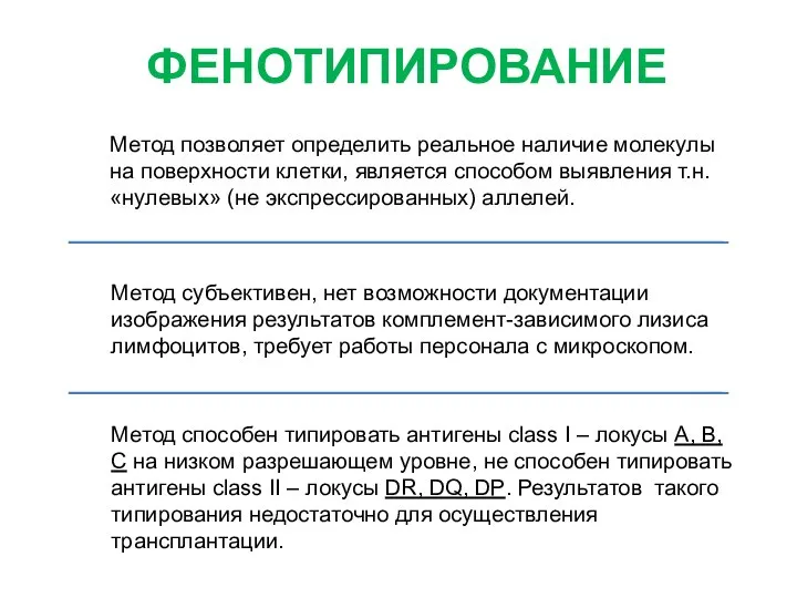 ФЕНОТИПИРОВАНИЕ Метод субъективен, нет возможности документации изображения результатов комплемент-зависимого лизиса лимфоцитов, требует