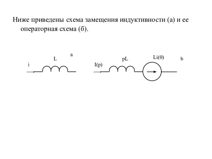 Ниже приведены схема замещения индуктивности (а) и ее операторная схема (б). Li(0) b pL a