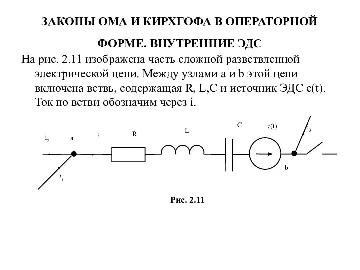 ЗАКОНЫ ОМА И КИРХГОФА В ОПЕРАТОРНОЙ ФОРМЕ. ВНУТРЕННИЕ ЭДС На рис. 2.11