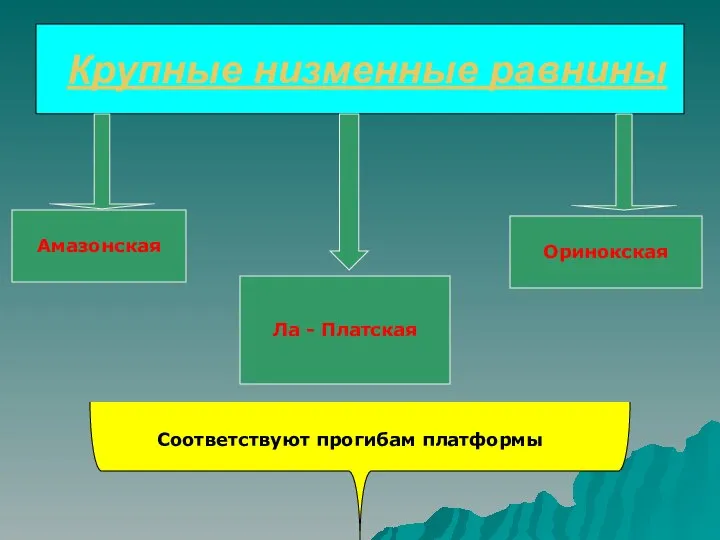 Крупные низменные равнины Амазонская Ла - Платская Оринокская Соответствуют прогибам платформы