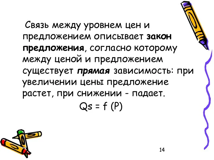 Связь между уровнем цен и предложением описывает закон предложения, согласно которому между