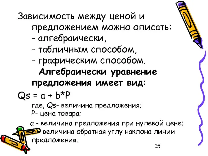 Зависимость между ценой и предложением можно описать: - алгебраически, - табличным способом,