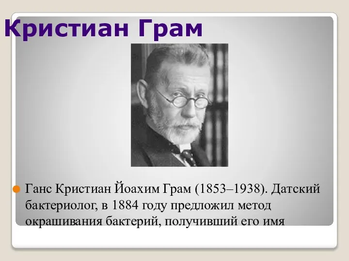 Кристиан Грам Ганс Кристиан Йоахим Грам (1853–1938). Датский бактериолог, в 1884 году