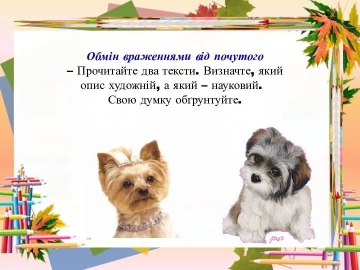 Обмін враженнями від почутого – Прочитайте два тексти. Визначте, який опис художній,