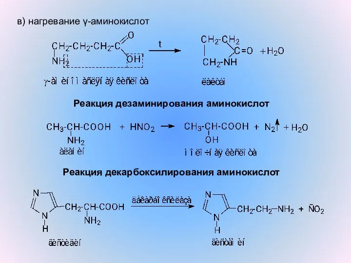 в) нагревание γ-аминокислот Реакция дезаминирования аминокислот Реакция декарбоксилирования аминокислот