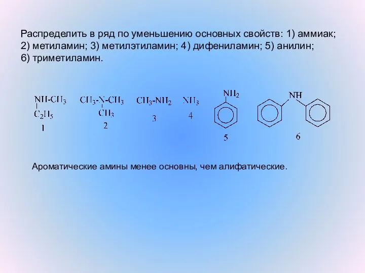 Распределить в ряд по уменьшению основных свойств: 1) аммиак; 2) метиламин; 3)