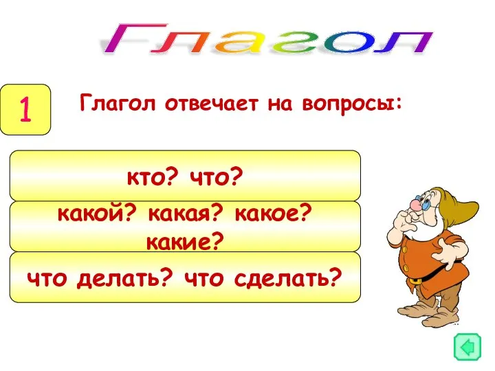 Глагол отвечает на вопросы: Глагол 1 кто? что? какой? какая? какое? какие? что делать? что сделать?