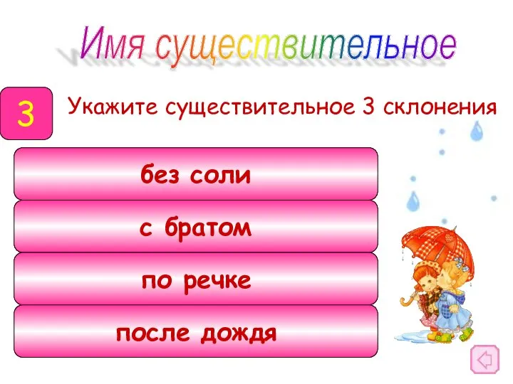 Укажите существительное 3 склонения Имя существительное 3 без соли с братом по речке после дождя