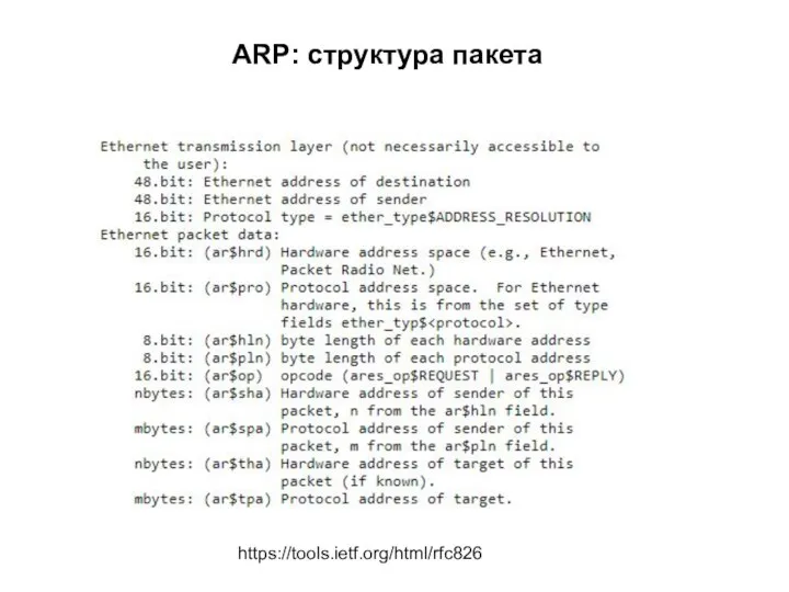 ARP: структура пакета https://tools.ietf.org/html/rfc826