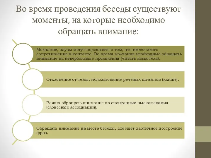 Во время проведения беседы существуют моменты, на которые необходимо обращать внимание: